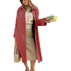 imageCHOUYATOU Womens 2025 Fall Plaid Long Trench Coat Single Breasted Casual Barn Jacket Outerwear OvercoatRed