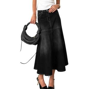 imagechouyatou Womens Elegant ALine Pleated Jean Skirt Western Distressed Midi Long Fishtail Denim SkirtBlack