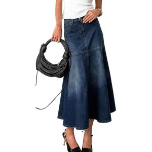 imagechouyatou Womens Elegant ALine Pleated Jean Skirt Western Distressed Midi Long Fishtail Denim SkirtDark Blue