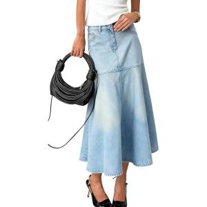 imagechouyatou Womens Elegant ALine Pleated Jean Skirt Western Distressed Midi Long Fishtail Denim SkirtLight Blue