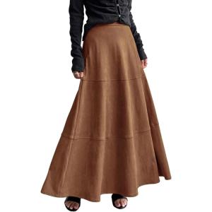 imagechouyatou Womens Elegant Ruffle Faux Suede Leather Skirt High Waisted A Line Fall Winter Maxi Long SkirtDark Brown