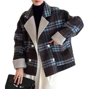imagechouyatou Womens Plaid Notch Lapel Wool Coat Loose Dressy Work Blazer Jacket Double Breasted Pea CoatBlue