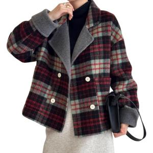 imagechouyatou Womens Plaid Notch Lapel Wool Coat Loose Dressy Work Blazer Jacket Double Breasted Pea CoatRed