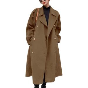imagechouyatou Womens Winter Double Breasted Midi Long Wool Pea Coat Notch Lapel Winter Trench CoatDark Camel