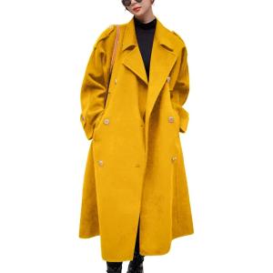 imagechouyatou Womens Winter Double Breasted Midi Long Wool Pea Coat Notch Lapel Winter Trench CoatYellow