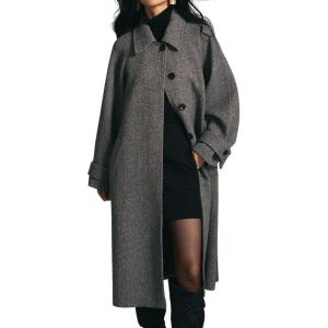 imagechouyatou Womens Winter Herringbone Long Wool Trench Coat Single Breasted Casual Dressy Belted Pea Coat JacketGray
