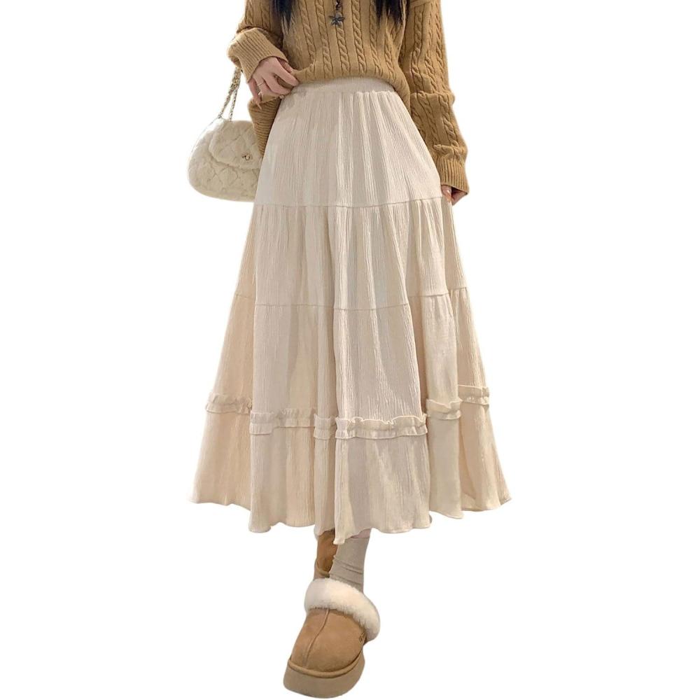 imagechouyatou Womens Vintage Corduroy Ruffle Skirt High Elastic Waist Swing Pleated ALine Midi Long SkirtBeige White