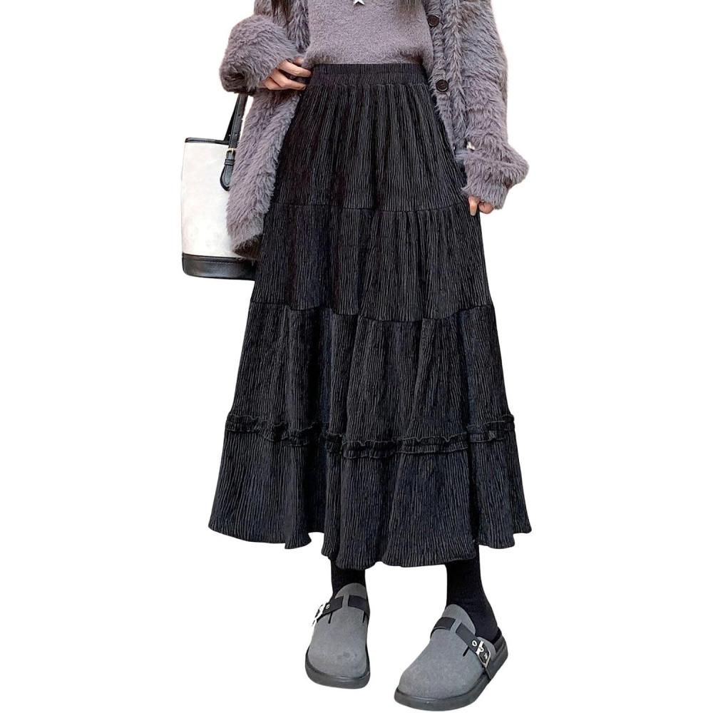 imagechouyatou Womens Vintage Corduroy Ruffle Skirt High Elastic Waist Swing Pleated ALine Midi Long SkirtBlack