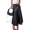 imagechouyatou Women Fall ALine Pleated Faux Leather Skirt Work Elegant Swing Midi Long Fishtail Winter SkirtBlack
