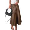 imagechouyatou Women Fall ALine Pleated Faux Leather Skirt Work Elegant Swing Midi Long Fishtail Winter SkirtBrown