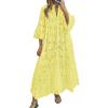 imagechouyatou Womens 2026 Lace Eyelet Embroidery Maxi Dress VNeck Trumpet Sleeve Boho Flowy Swing DressYellow