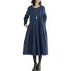 imagechouyatou Womens Fall Babydoll Corduroy Dress Long Sleeve Pleated Pullover Midi Dresses with PocketsBlue