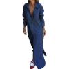 imagechouyatou Womens Long Sleeve Button Down Denim Maxi Shirt Dress Casual Lapel Side Slit Long Jean Shift DressDark Blue