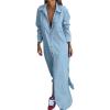 imagechouyatou Womens Long Sleeve Button Down Denim Maxi Shirt Dress Casual Lapel Side Slit Long Jean Shift DressLight Blue