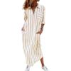 imagechouyatou Womens Summer 34 Sleeve Striped Shirt Dress Business Casual Half Zipper Maxi Long Beach DressKhaki
