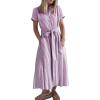 imagechouyatou Womens Summer Short Sleeve Striped Maxi Long Shirt Dress Boho Business Casual Cotton DressesPurple