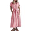 imagechouyatou Womens Summer Short Sleeve Striped Maxi Long Shirt Dress Boho Business Casual Cotton DressesRed