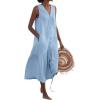 imagechouyatou Womens Summer Sleeveless Button Down Cotton Tank Dress Loose ALine Tiered Tunic Beach DressLight Blue