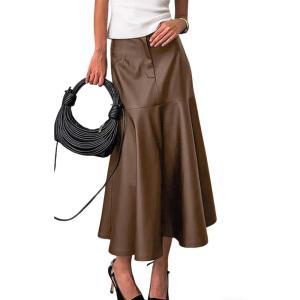 imagechouyatou Women Fall ALine Pleated Faux Leather Skirt Work Elegant Swing Midi Long Fishtail Winter SkirtBrown