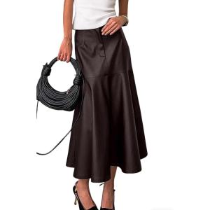 imagechouyatou Women Fall ALine Pleated Faux Leather Skirt Work Elegant Swing Midi Long Fishtail Winter SkirtCoffee