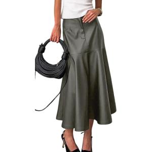 imagechouyatou Women Fall ALine Pleated Faux Leather Skirt Work Elegant Swing Midi Long Fishtail Winter SkirtGreen