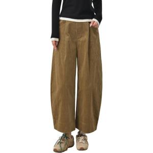 imagechouyatou Women Fall Wide Leg Corduroy Pants Baggy Casual Elastic Waist Palazzo Barrel Pants Ankle TrousersBrown