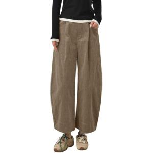 imagechouyatou Women Fall Wide Leg Corduroy Pants Baggy Casual Elastic Waist Palazzo Barrel Pants Ankle TrousersKhaki
