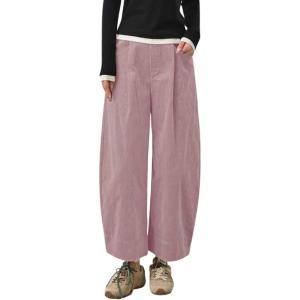 imagechouyatou Women Fall Wide Leg Corduroy Pants Baggy Casual Elastic Waist Palazzo Barrel Pants Ankle TrousersPink