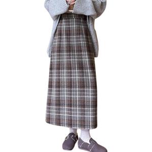 imagechouyatou Women Fall Winter Elastic High Waist Plaid Skirt ALine Maxi Long Wool Pencil Skirt with SplitBrown