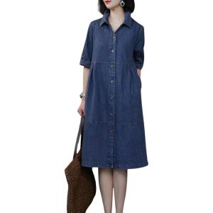 imagechouyatou Womens 12 Sleeve Polo Collar Denim Shirt Dress Button Down A Line Midi Jean Dress with PocketsBlue