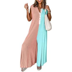 imagechouyatou Womens 2025 Color Block Sleeveless Baggy Overalls Button Up Wide Leg Romper Jumpsuit PantsBlue