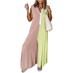 imagechouyatou Womens 2025 Color Block Sleeveless Baggy Overalls Button Up Wide Leg Romper Jumpsuit PantsKhaki
