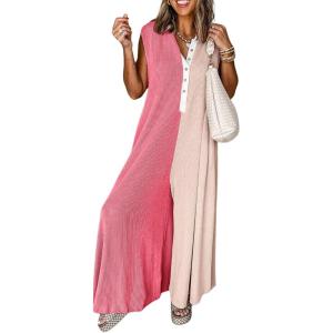 imagechouyatou Womens 2025 Color Block Sleeveless Baggy Overalls Button Up Wide Leg Romper Jumpsuit PantsPink