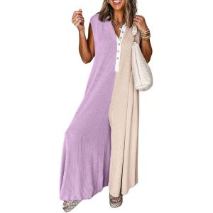 imagechouyatou Womens 2025 Color Block Sleeveless Baggy Overalls Button Up Wide Leg Romper Jumpsuit PantsPurple