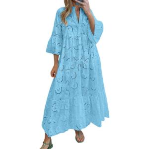 imagechouyatou Womens 2026 Lace Eyelet Embroidery Maxi Dress VNeck Trumpet Sleeve Boho Flowy Swing DressBlue