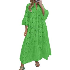 imagechouyatou Womens 2026 Lace Eyelet Embroidery Maxi Dress VNeck Trumpet Sleeve Boho Flowy Swing DressGreen