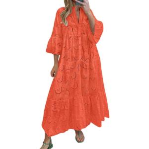 imagechouyatou Womens 2026 Lace Eyelet Embroidery Maxi Dress VNeck Trumpet Sleeve Boho Flowy Swing DressOrangish Red