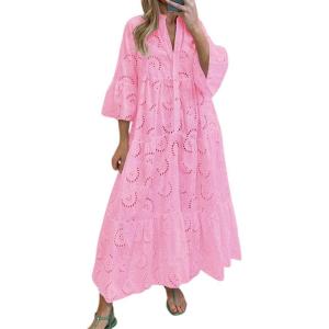 imagechouyatou Womens 2026 Lace Eyelet Embroidery Maxi Dress VNeck Trumpet Sleeve Boho Flowy Swing DressPink