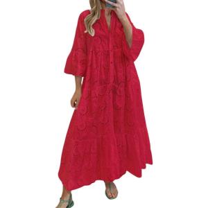 imagechouyatou Womens 2026 Lace Eyelet Embroidery Maxi Dress VNeck Trumpet Sleeve Boho Flowy Swing DressRed