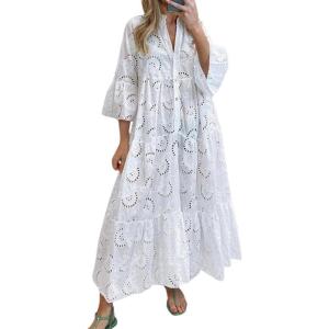 imagechouyatou Womens 2026 Lace Eyelet Embroidery Maxi Dress VNeck Trumpet Sleeve Boho Flowy Swing DressWhite