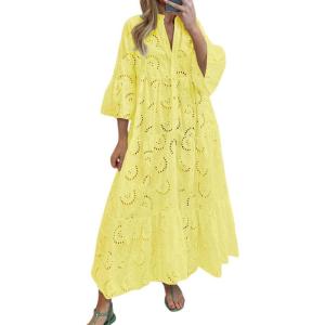 imagechouyatou Womens 2026 Lace Eyelet Embroidery Maxi Dress VNeck Trumpet Sleeve Boho Flowy Swing DressYellow