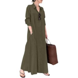imagechouyatou Womens Basic Loose Fit Long Sleeve Button Up Maxi Shirt Dress with PocketsArmy Green