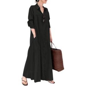 imagechouyatou Womens Basic Loose Fit Long Sleeve Button Up Maxi Shirt Dress with PocketsBlack