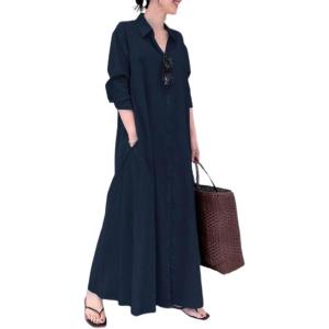 imagechouyatou Womens Basic Loose Fit Long Sleeve Button Up Maxi Shirt Dress with PocketsNavy Blue