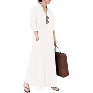imagechouyatou Womens Basic Loose Fit Long Sleeve Button Up Maxi Shirt Dress with PocketsOffwhite