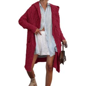 imagechouyatou Womens Cable Knit Hooded Long Cardigans Open Front Slouchy Cardigan Sweater Trench Coat Jacket with PocketsDark Red
