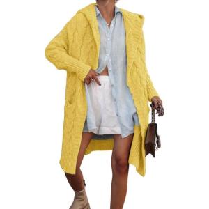 imagechouyatou Womens Cable Knit Hooded Long Cardigans Open Front Slouchy Cardigan Sweater Trench Coat Jacket with PocketsYellow