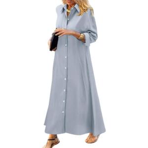 imagechouyatou Womens Casual Button Down Maxi Shirt Dress Long Sleeve Button Up Tunic Long DressGray
