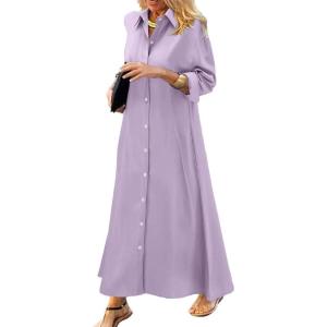 imagechouyatou Womens Casual Button Down Maxi Shirt Dress Long Sleeve Button Up Tunic Long DressPurple