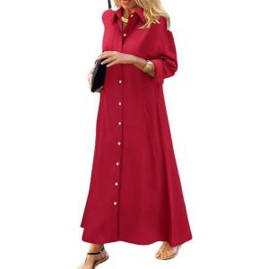 imagechouyatou Womens Casual Button Down Maxi Shirt Dress Long Sleeve Button Up Tunic Long DressRed